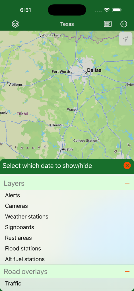 Texas Traveler - Texas Traveler app screenshot showing a map of Texas with a menu to toggle layers like traffic cameras and flood stations