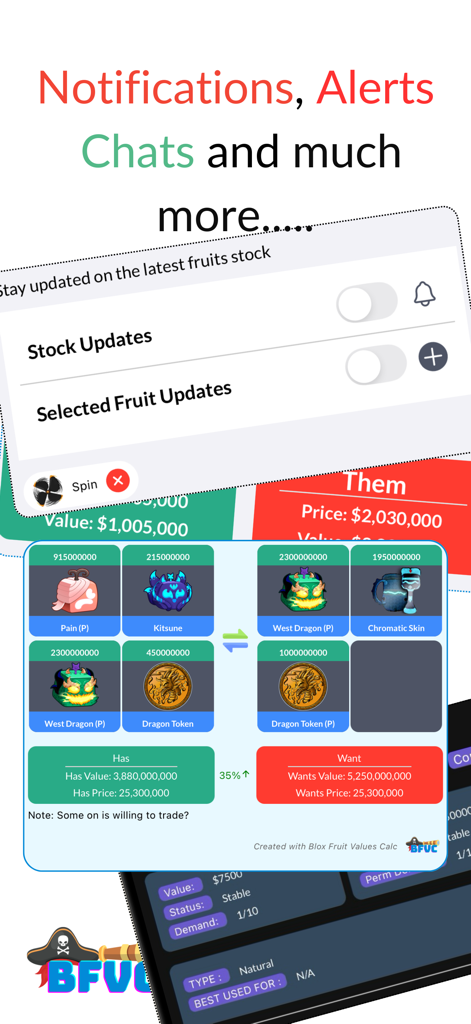 Interface of the Blox Fruits Values Calculator app showing trade comparisons and stock notification settings