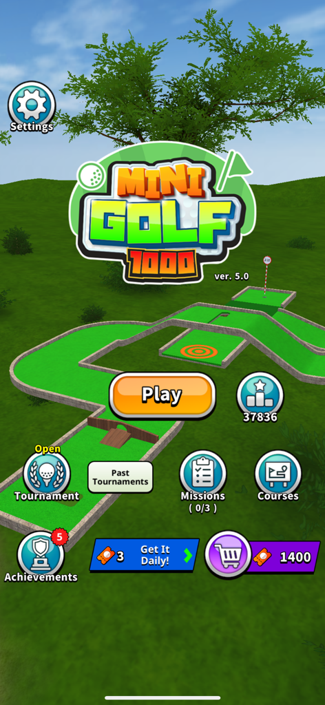 Main menu screen of Mini Golf 1000 app featuring a 3D golf course with a play button and various game mode icons.