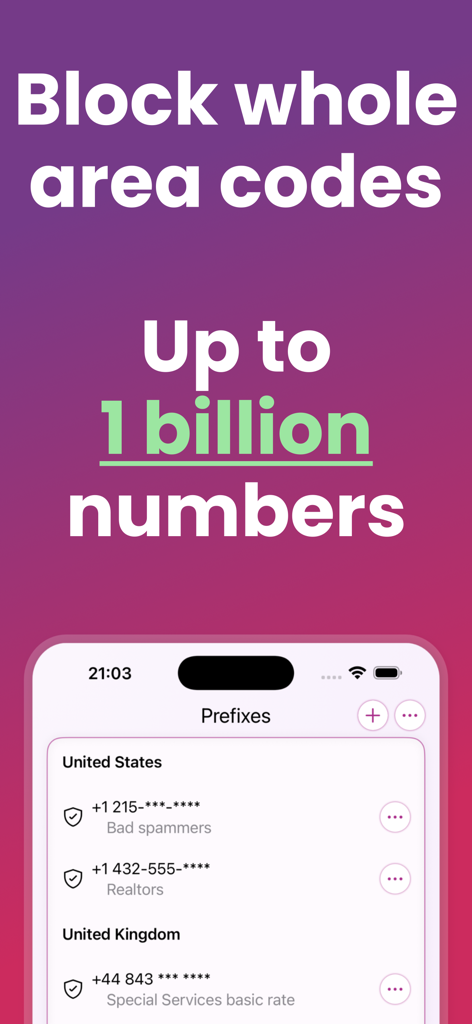 WideProtect Spam Call Blocker - WideProtect app interface showing how to block entire area codes and phone number prefixes.