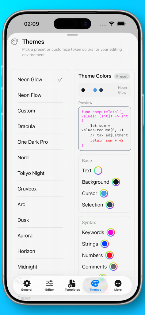 Neon Vision Editor - La pantalla de configuración de Neon Vision Editor muestra una lista de temas seleccionables y opciones detalladas de personalización de color de sintaxis con una vista previa de código en vivo.