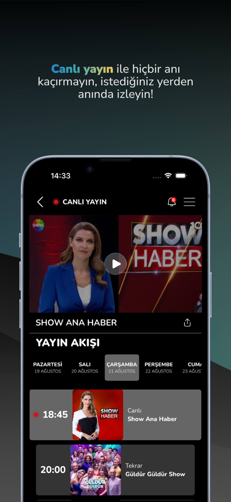 Show TV - Interfaccia dell'app Show TV con trasmissione di notizie in diretta e programma