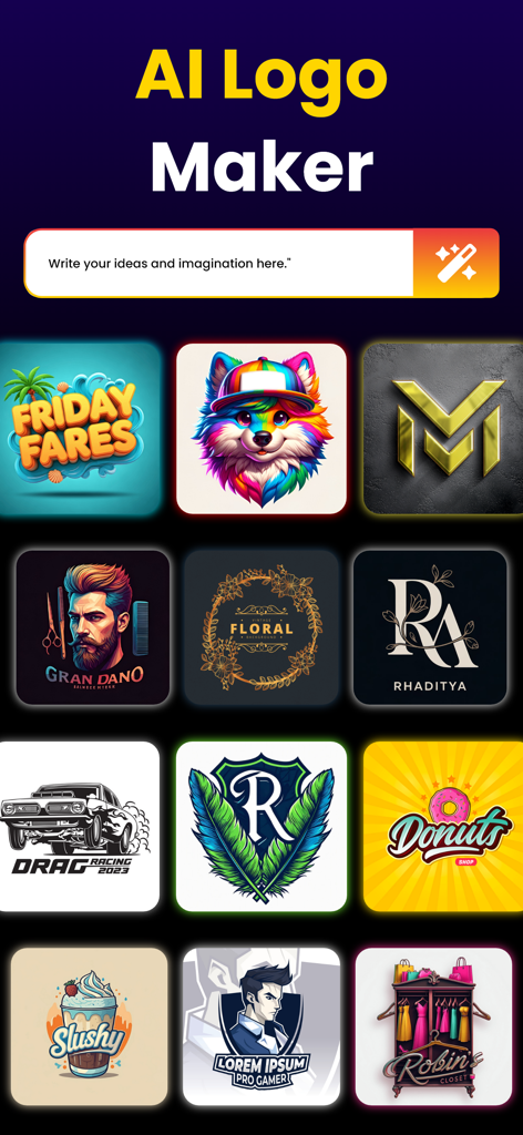 Arvine AI Logo Maker & Creator - A grid of diverse AI-generated logo designs for different industries including esports gaming food and luxury brands