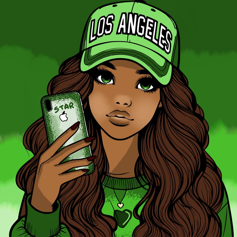 realistic beautiful girl wearing los ángeles cap holding an iphone
