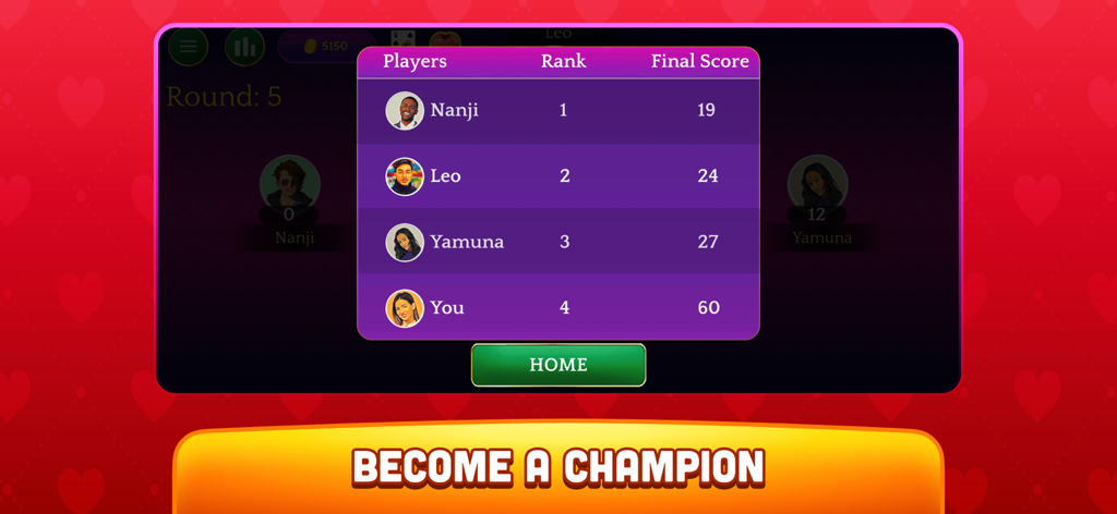 Hearts - Offline Card Game - Final scoreboard and player rankings in Hearts offline card game.