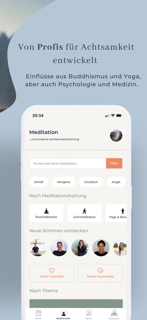 Achtsamkeitsakademie - Achtsamkeitsakademie App zeigt den Meditations-Trainingsbildschirm mit Suche und Kategorien