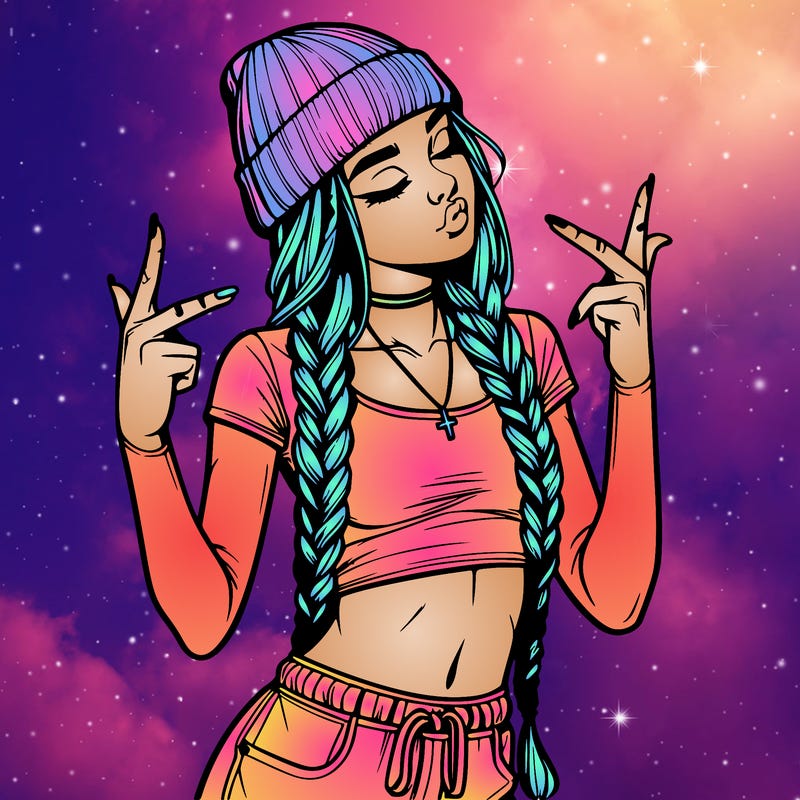 realistic teenage girl with braids and a beanie and crop top doing 🫶🏼