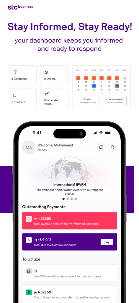 Il dashboard dell'app stc business che mostra pagamenti in sospeso e riepiloghi organizzativi.