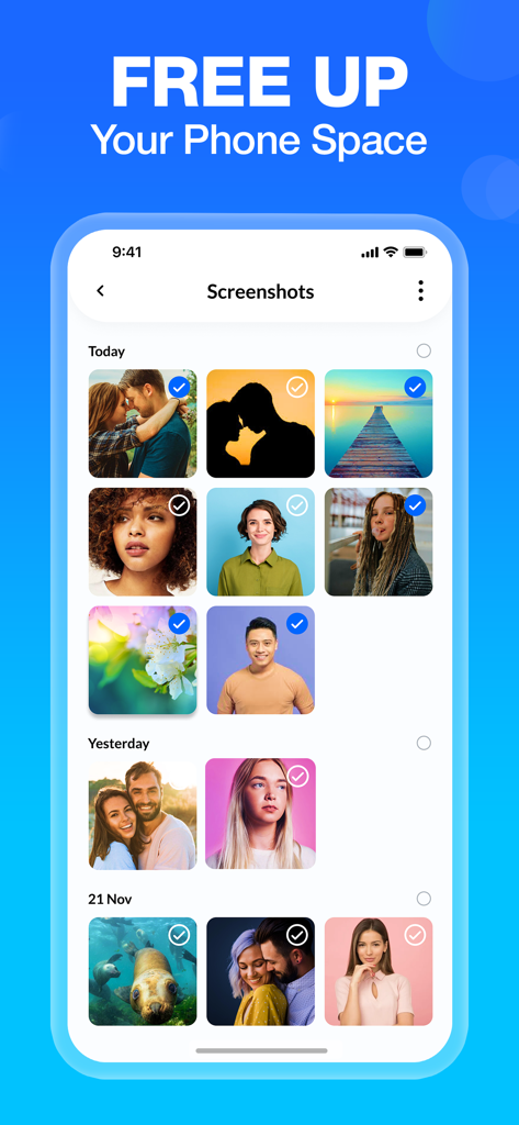 Cleaner - Clean Up Storage - Mobile app interface showing screenshots selected for deletion to free up phone storage space