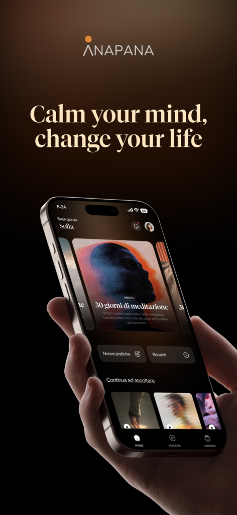 A person holding a smartphone displaying the Anapana Mindfulness Studio app with a 30 day meditation course