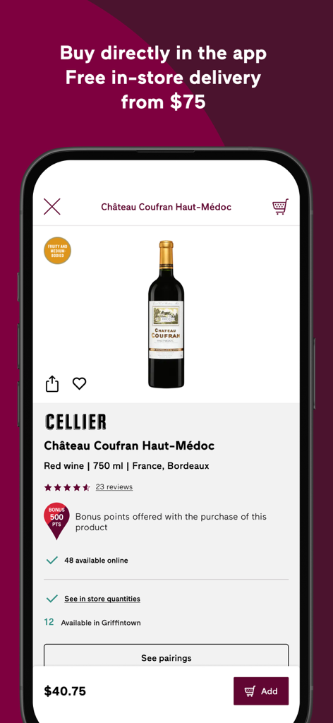 Société des alcools du Québec - SAQ mobile app interface showing a red wine product page with price and bonus loyalty points