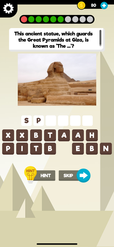 History: Quiz Game & Trivia - Una pregunta de trivia sobre la Gran Esfinge de Giza en la aplicación del juego de preguntas sobre historia