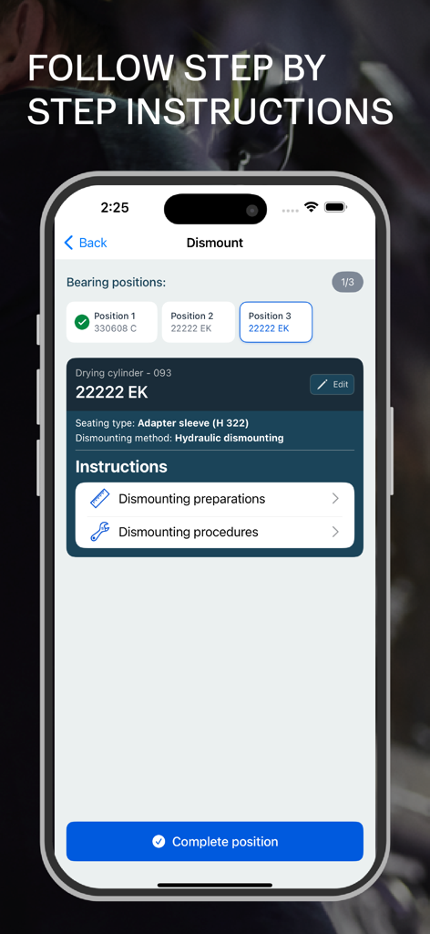 Pantalla de la aplicación SKF Bearing Assist que muestra instrucciones de desmontaje hidráulico para un rodamiento