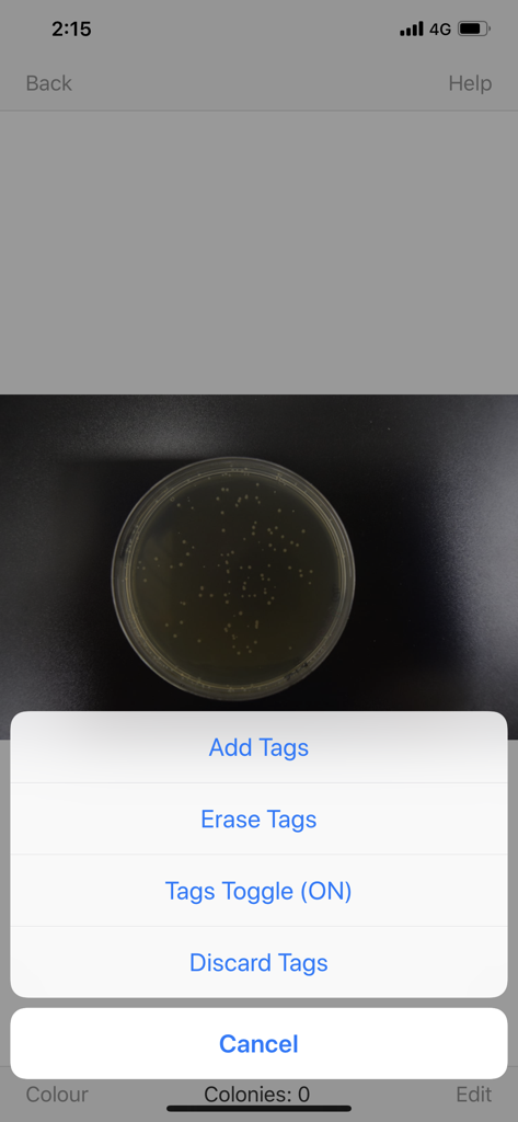APD Colony Counter App Lite - Oberfläche der APD Colony Counter Lite App, die ein Menü mit Optionen zum Hinzufügen oder Löschen von Markierungen auf einem Agarplattenbild anzeigt