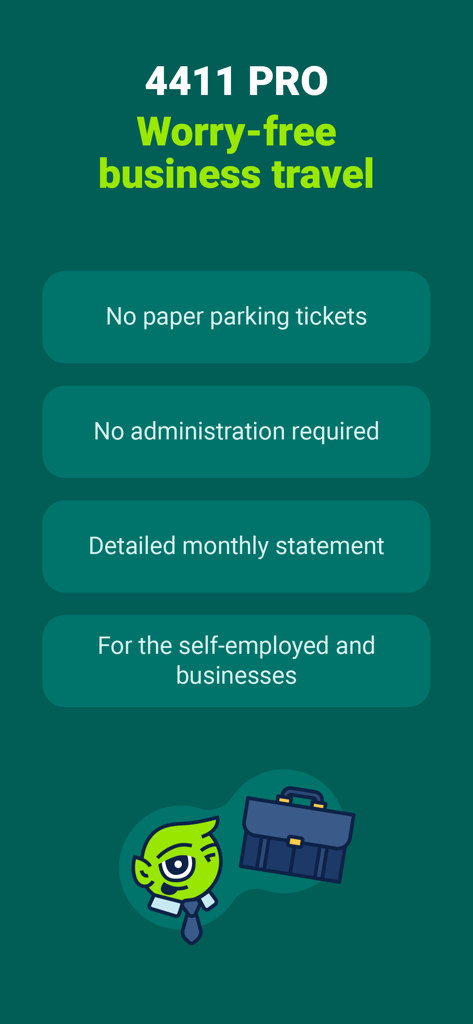Resumen de las funciones de 4411 PRO para viajes de negocios, que incluyen estacionamiento sin papeles y estados de cuenta mensuales automatizados.