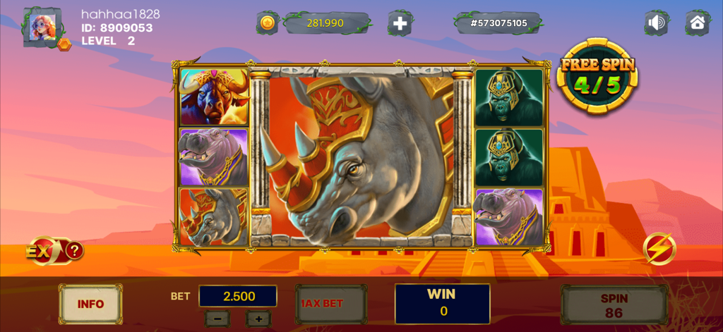 Wild City: Flash Spin - Interface de máquina caça-níqueis Wild City Flash Spin com símbolos de rinoceronte e animais, com um bônus de giros grátis