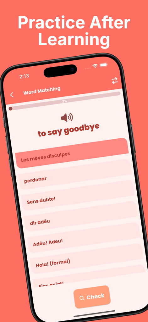 La aplicación Aprende Catalán muestra una pantalla de práctica de emparejamiento de palabras para principiantes.