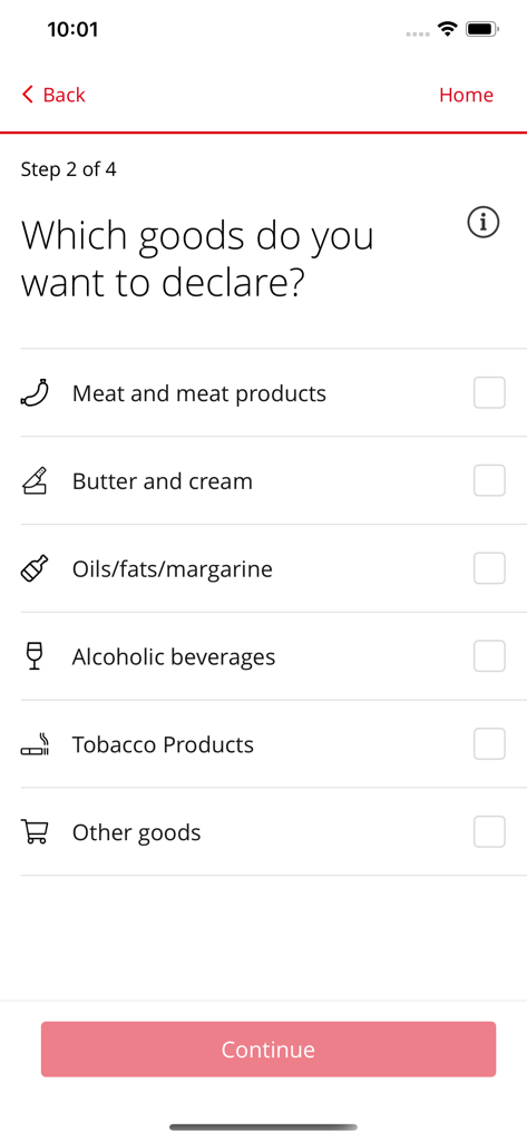 QuickZoll - QuickZoll app interface showing a list of goods categories for customs declaration including meat, alcohol, and tobacco
