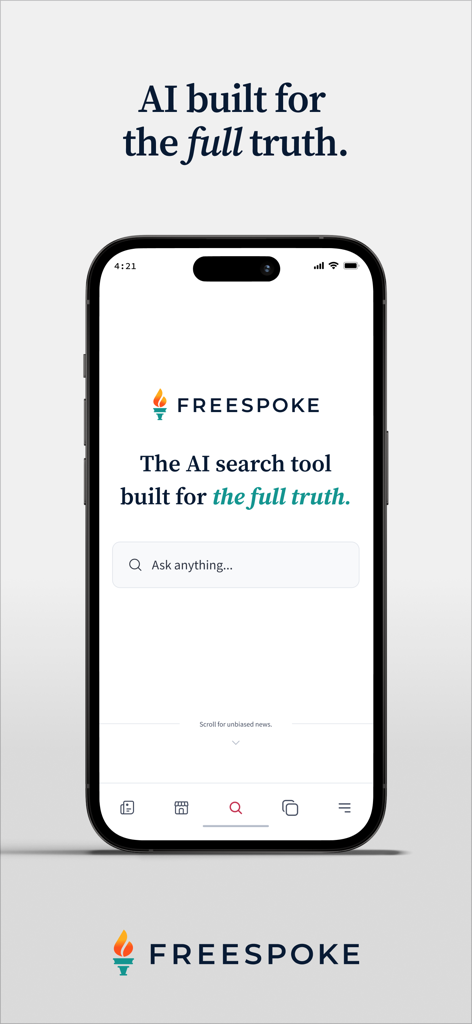 Freespoke - Search & Discovery - Freespoke AI search app home screen with search bar and truth tagline