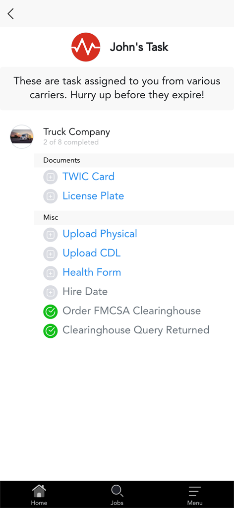 Mobile app screen showing a list of tasks and required documents for a truck driver job application