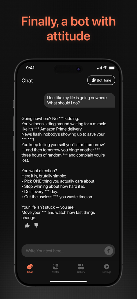 Salty AI 채팅 인터페이스, '마침내 태도가 있는 봇'이라는 헤드라인과 함께 직설적이고 솔직한 대화를 보여줍니다.