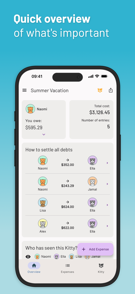 Kittysplit: Split Group Costs - Kittysplit app dashboard showing a summer vacation group expense summary and debt settlement instructions.