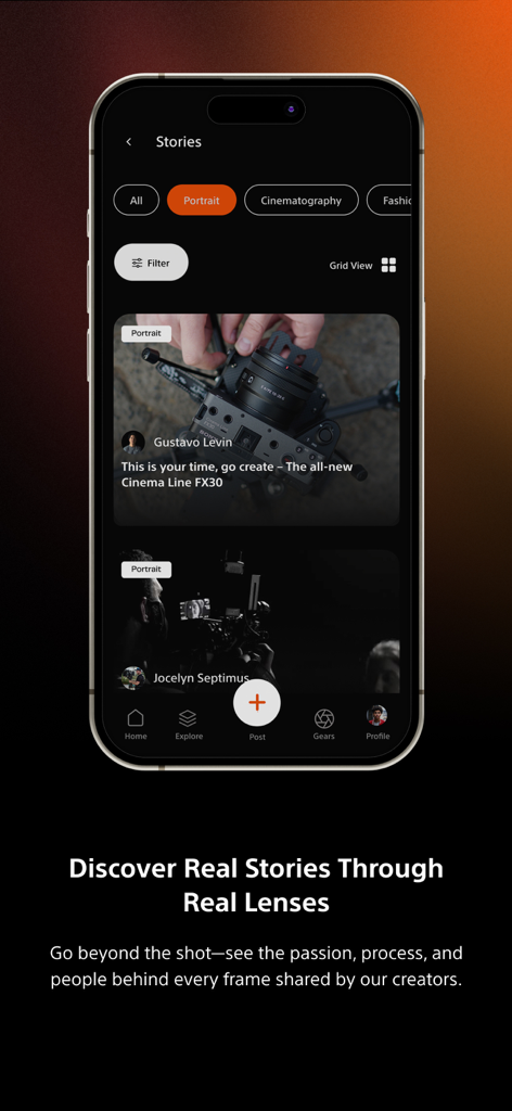Mobile app interface of Alpha Universe MEA showing photography stories and creator content categories like portrait and cinematography