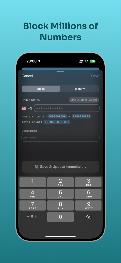 Call Shield: Spam Call Blocker - Pantalla de iPhone mostrando la interfaz de la aplicación Call Shield para bloquear millones de números de teléfono
