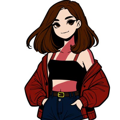 a realistic girl with a crop top and short shorts in an open jacket