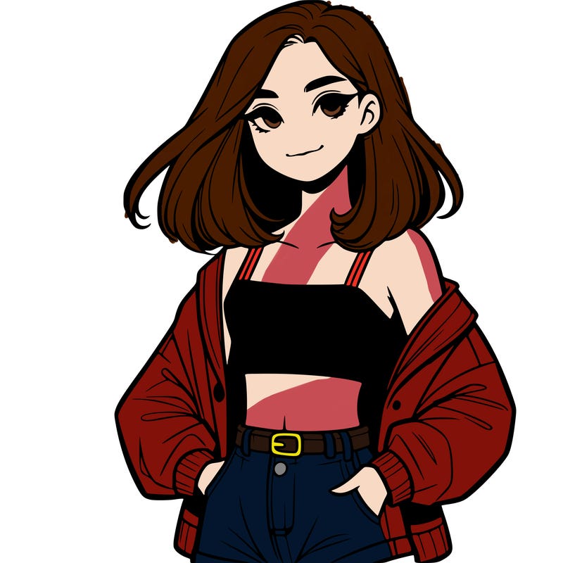 a realistic girl with a crop top and short shorts in an open jacket