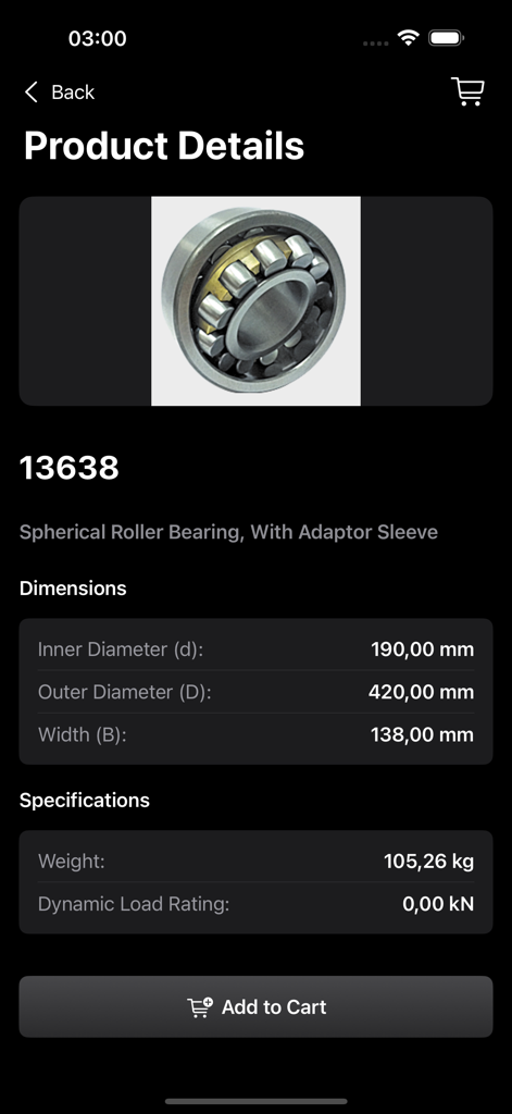 Bearing - Product details screen for a spherical roller bearing showing dimensions and technical specifications.