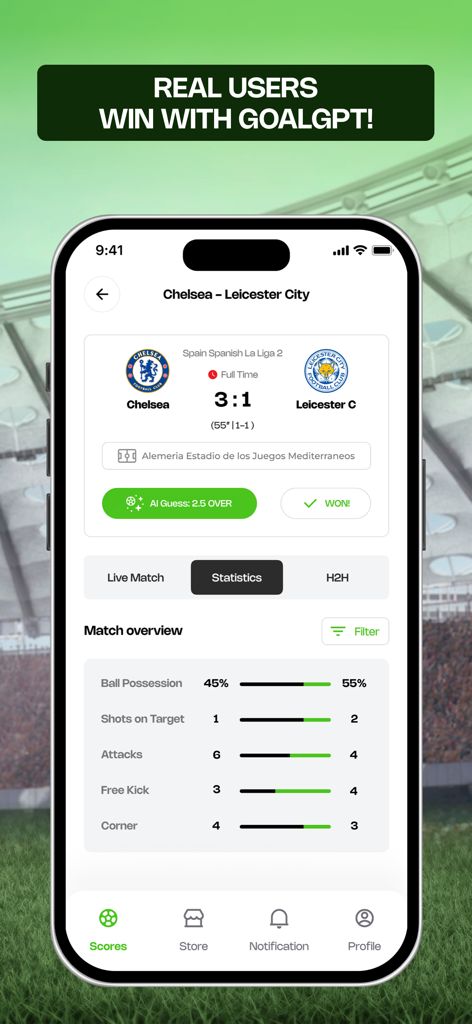 GoalGPT app interface showing a winning AI prediction for a soccer match and detailed game statistics