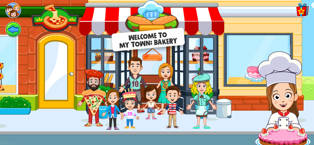 A group of cartoon characters standing in front of the My Town Bakery storefront with a large pink cake in the foreground.