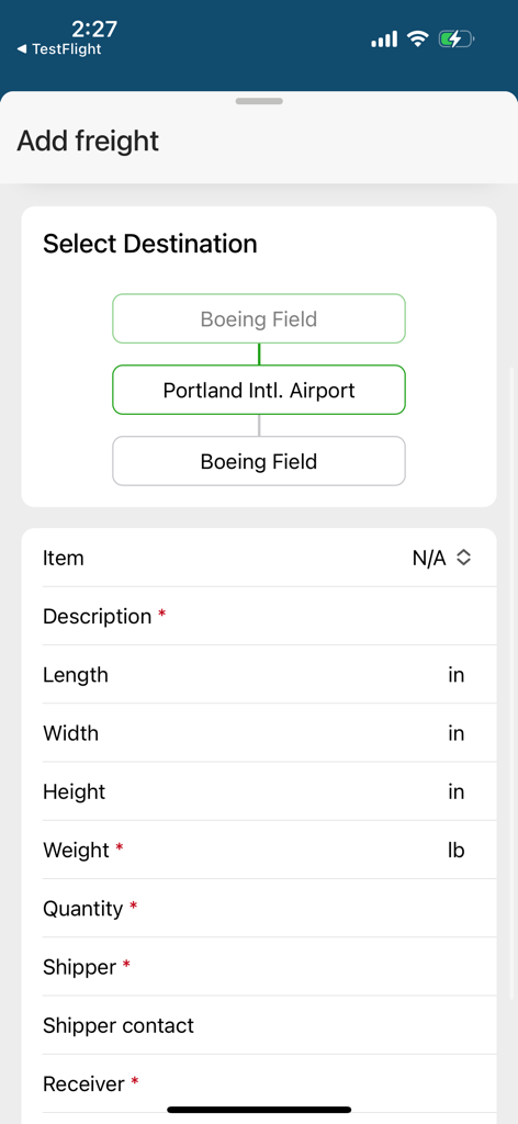 Takeflite Go app screen for adding freight details including destination and cargo dimensions for aviation logistics.