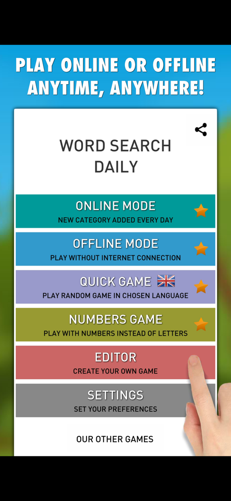 Word Search Daily PRO - Main menu screen of Word Search Daily PRO showing online and offline game modes and an editor feature.