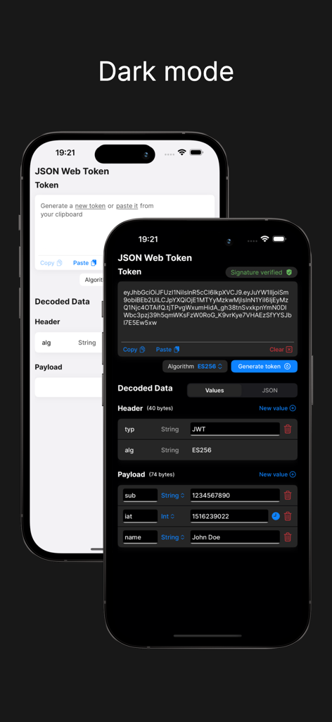 JSON Web Token - JSON Web Token mobile app interface featuring dark mode UI for developers