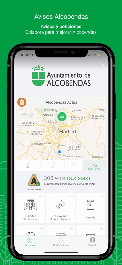Interfaz de la app municipal de Alcobendas con mapa de reporte de incidencias y accesos directos a servicios