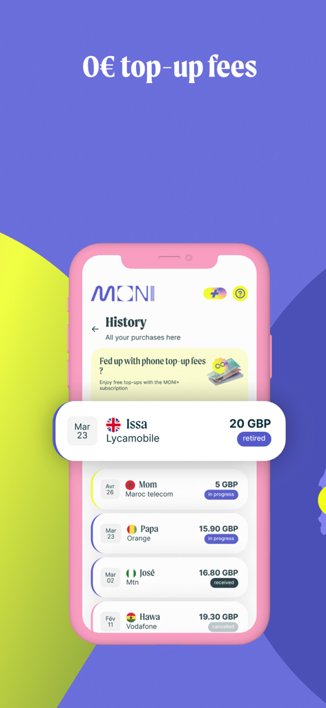 MONI | Mobile & Prepaid topups - Pantalla de historial de la aplicación MONI que muestra transferencias de crédito móvil internacionales a miembros de la familia a través de diferentes operadores globales.
