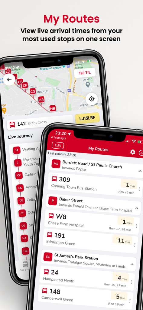London & UK Live Bus Countdown - 保存されたバスルートのリアルタイム到着時刻を表示するロンドン＆英国ライブバスカウントダウンアプリのインターフェイス