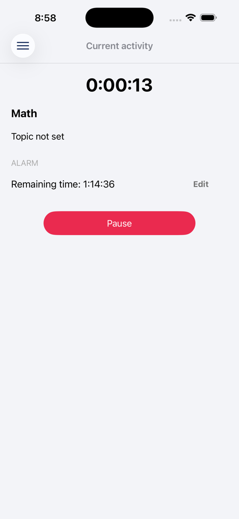 Aprovado app interface showing a study timer for a math session with remaining time and a pause button
