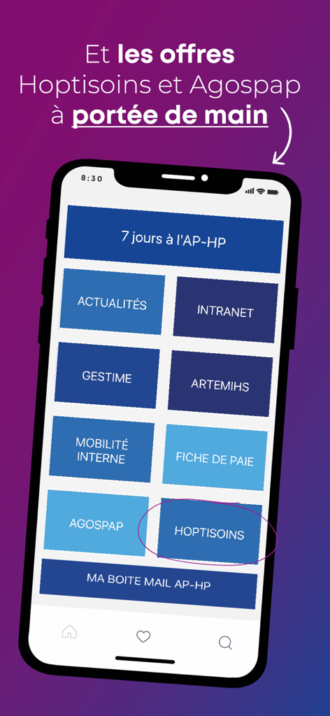 AP-HP Pro app interface displaying various tiles for employee services like news, payroll, and hospital staff benefits
