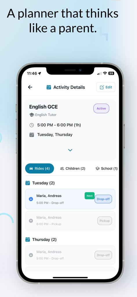 Schoolhub.io - Schoolhub app activity details screen displaying tutor schedules and ride coordination for children