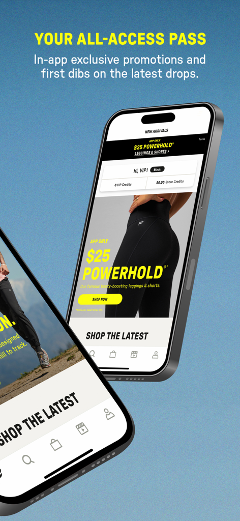 Fabletics: Premium Activewear - Smartphone affichant l'interface de l'application Fabletics avec des offres VIP exclusives et des leggings nouveautés.