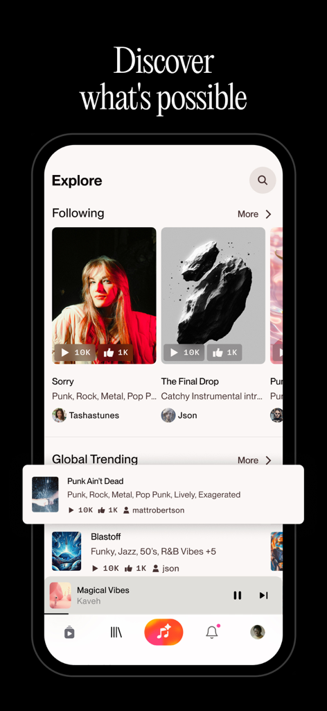 Tela Explorar do Suno AI Music Maker mostrando músicas e criadores em alta