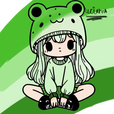 a girl wearing a frog hat and some frog socks