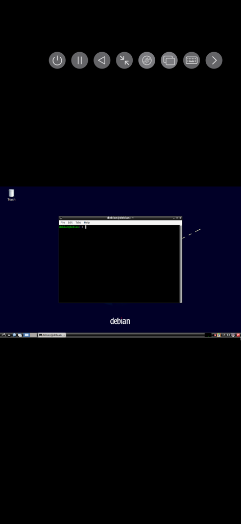 UTM SE app interface showing a Debian Linux terminal window running on an emulated desktop environment
