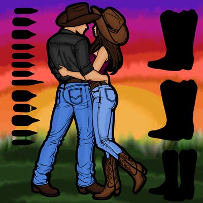 cowboy and his girlfriend in cowboy boots, boot cut jeans, cowboy hat hugging realistic
