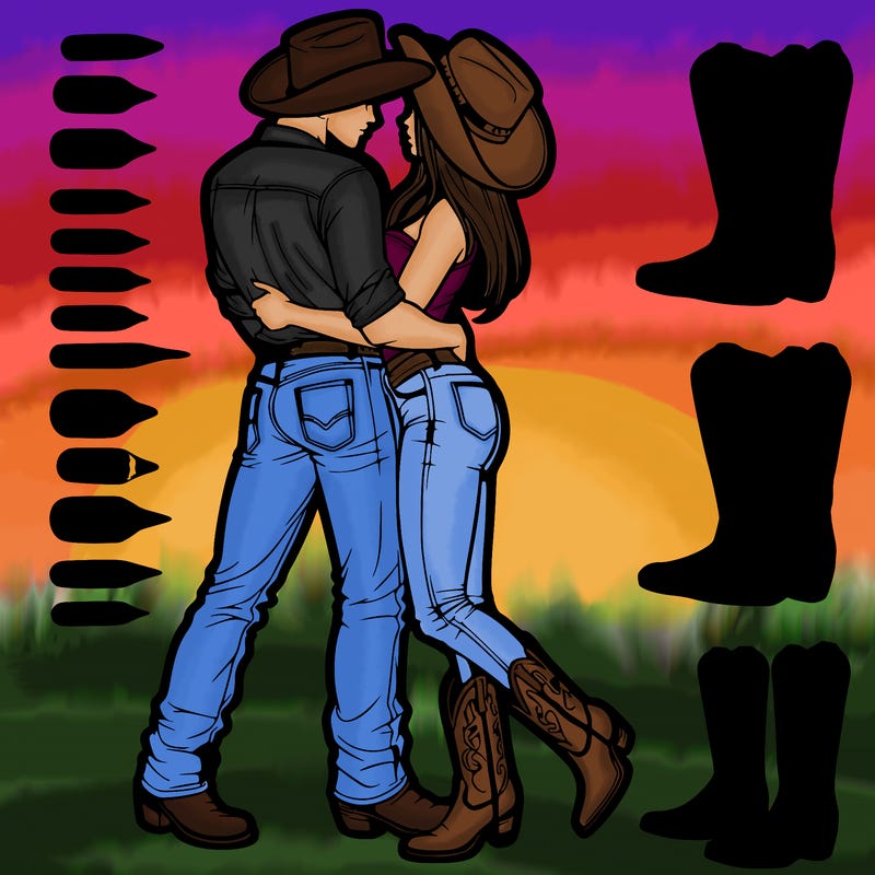 cowboy and his girlfriend in cowboy boots, boot cut jeans, cowboy hat hugging realistic