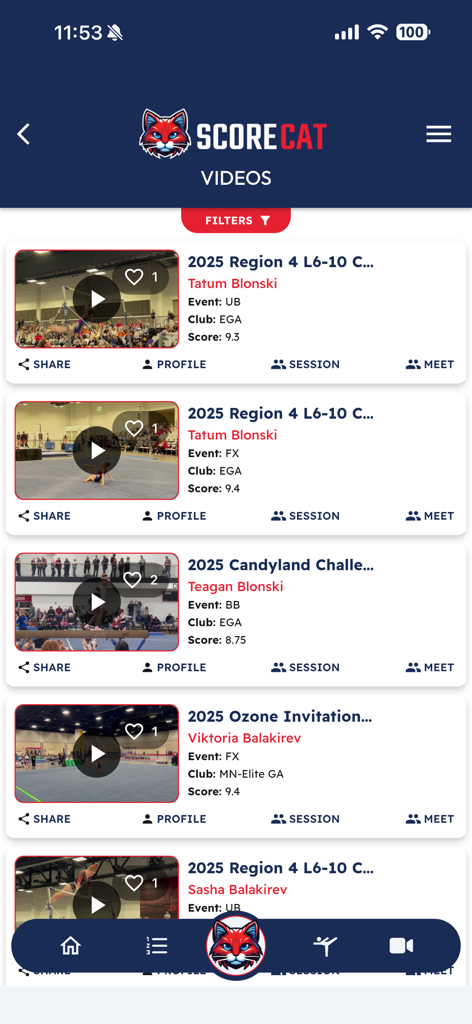 ScoreCat app interface displaying a list of gymnastics routine videos with athlete names and competition scores