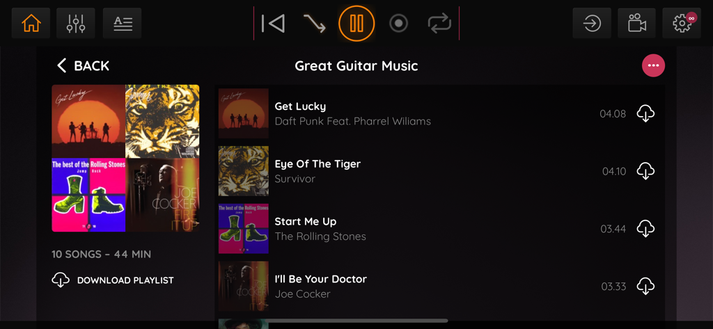 JamFactory - Multitrack Tunes - JamFactory app playlist screen showing a collection of guitar music tracks